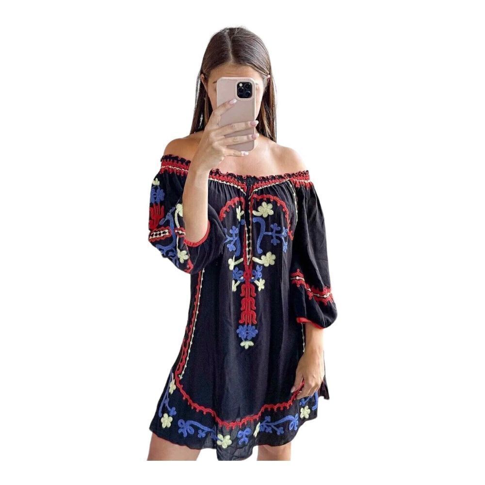 Poupette St Barth Floral Black Embroidered mini Dress